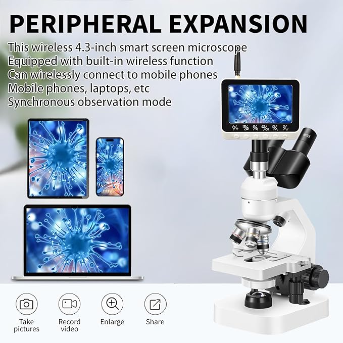 Trinocular Microscope 40x-2000x Magnification Double-Layer Stage with LED Lights on top and Bottom, Thick and Thin Dual Focusing knobs, Professional Biological Microscope (WiFi Electronic Eyepiece)