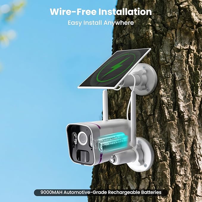 xmartO 2-Pack 100% Wire-Free 4MP HD Solar Security Camera Wireless for Home Surveillance (All-Weather Solar Charge, AI Motion Detection, Spot Light and Siren, SD, NVR & Cloud Storage)
