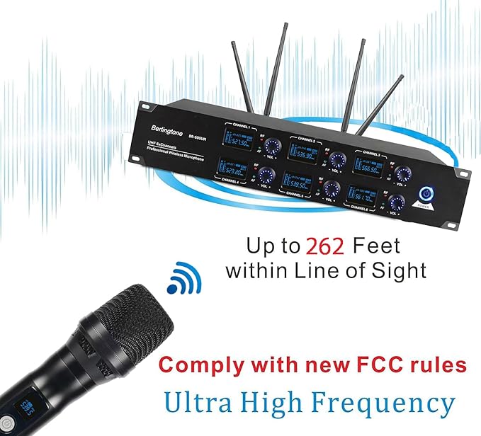 Berlingtone) 6-Channel UHF Wireless Microphone System Cordless Mic with Metal Handheld, Fixed Frequency Channel, Dynamic Microphone for Karaoke, Church, Singing, DJ, 262ft Range (BR-600UM)