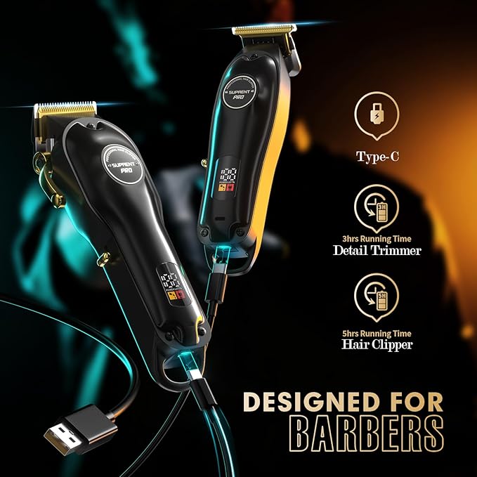 SUPRENT Professional Hair Clippers for Men, Cordless Hair Cutting Kit, Barber Clippers & Zero-gapped Trimmer Combo with Type-C Rechargeable, Titanium Plated Ceramic Blade(Black)