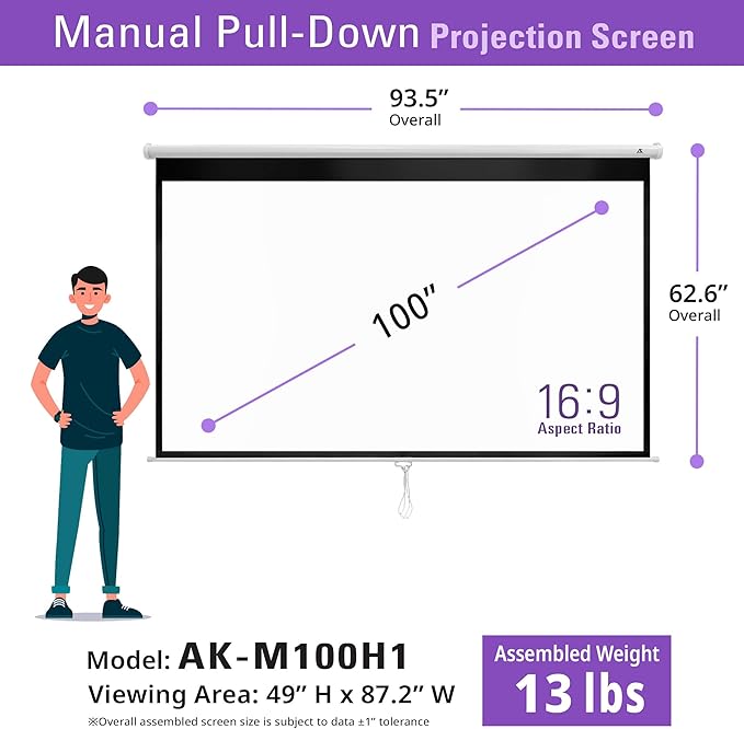Akia Screens 100 inch Projector Screen Pull Down Manual B 16:9 8K 4K HD 3D Ceiling Wall Mount White Portable Projection Screen Retractable Auto Locking for Indoor Movie Home Theater Office AK-M100H1
