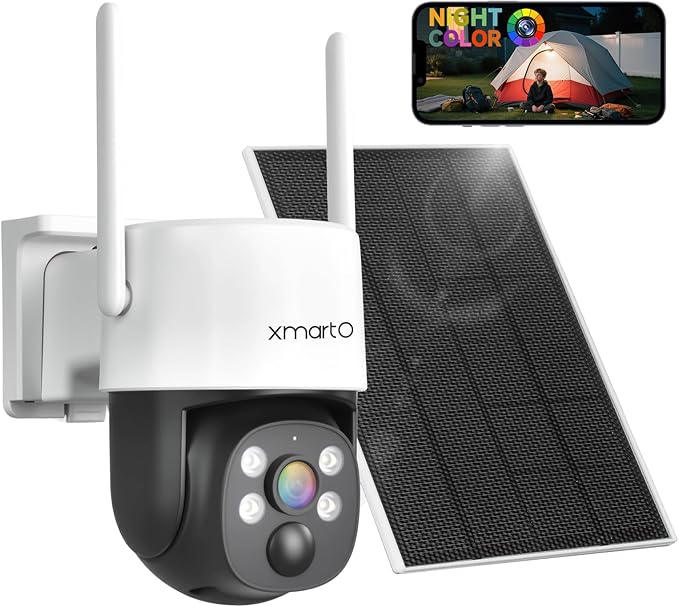 [Night Color] XMARTO Super HD Solar Powered Wire-Free Home PTZ Security Camera Wireless Outdoor (Eternal Solar Power, Starlight Night Color Video, 0 Monthly Fee)