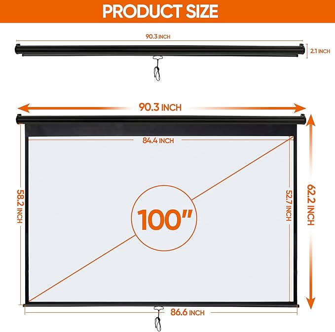 SUPER DEAL 100'' 16:10 HD Projection Screen Foldable Anti-Crease Portable Projector Movie Screen Manual Pull Down for Home Theater Presentation Education Outdoor Indoor Public Display, Black