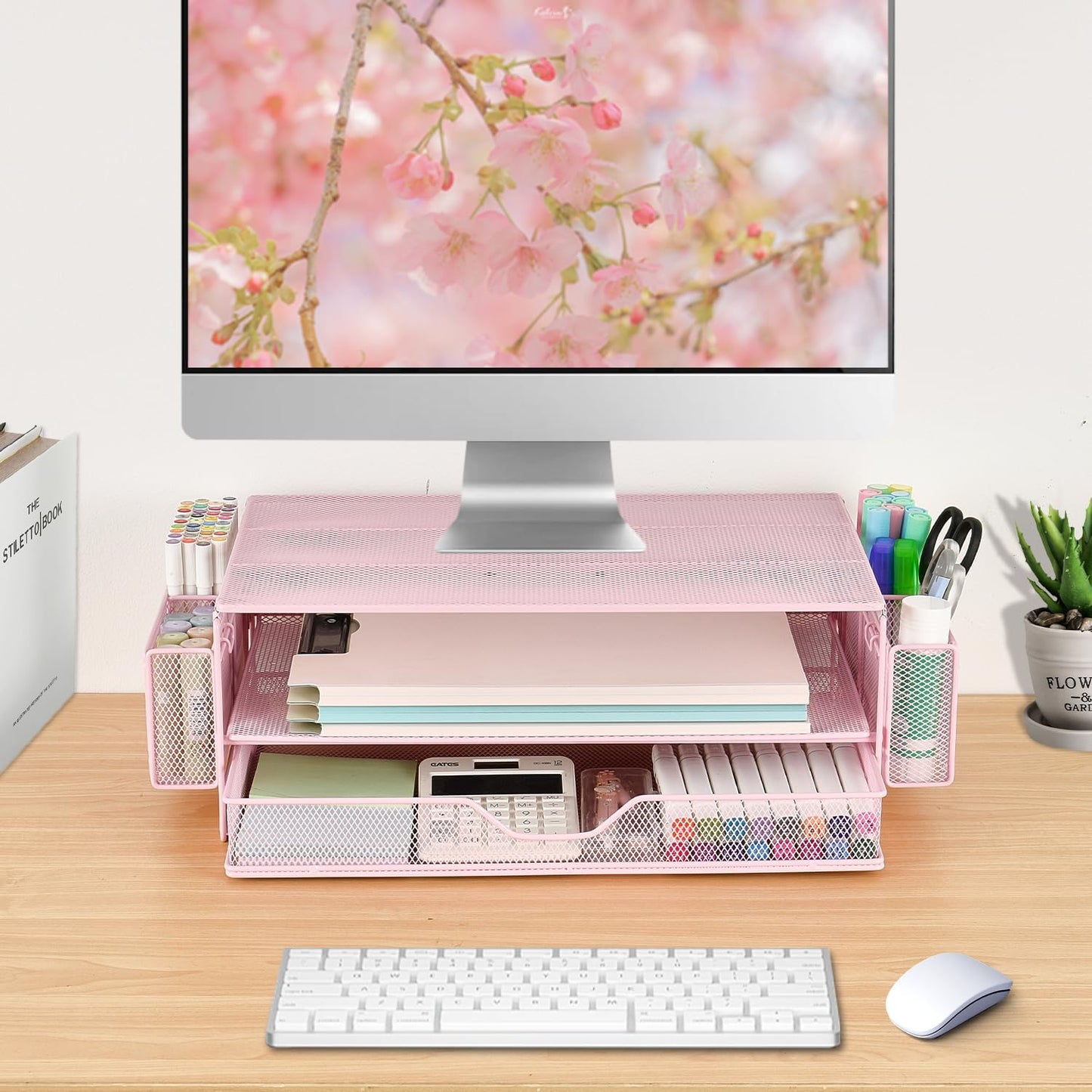 AUPSEN Computer Monitor Stands Riser，2-Tier Desk Organizers and Accessories, Office Desk Accessories Organizer with Drawers and 2 Pen Holder for Office Supplies (Pink)