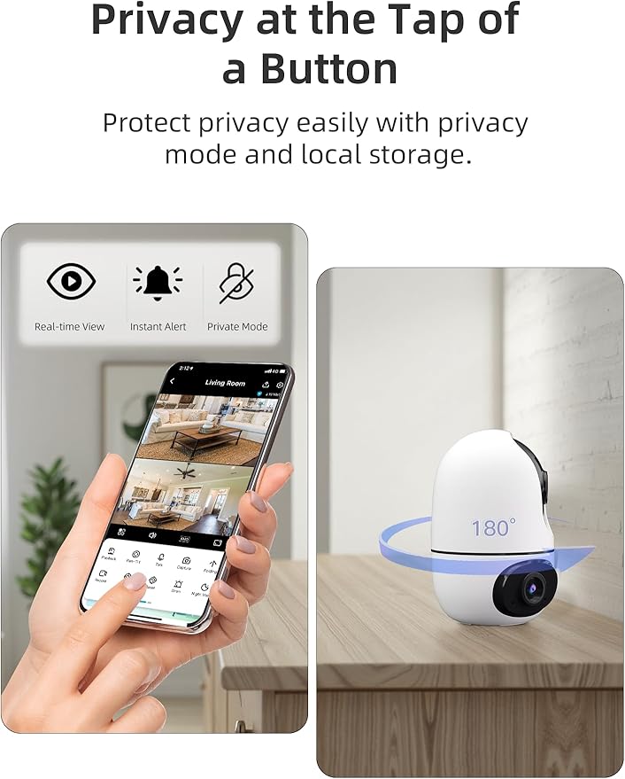 virtavo Indoor Security Camera, Dual-Lens 360° PTZ WiFi Baby Pet Monitor for Home, Motion Tracking, 2-Way Audio, Night Vision, No Subscription, WiFi6 2.4GHz/5GHz, SD & Cloud Storage, Works with Alexa