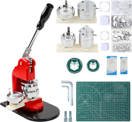 Button Maker Machine Set, Multiple Sizes Button Maker Machine 58+75mm, Push Pull Button Press Machineï¼Pin Maker Machine with Circle Cutter and Cutting Mat, Come with 200 Button Parts Supplies