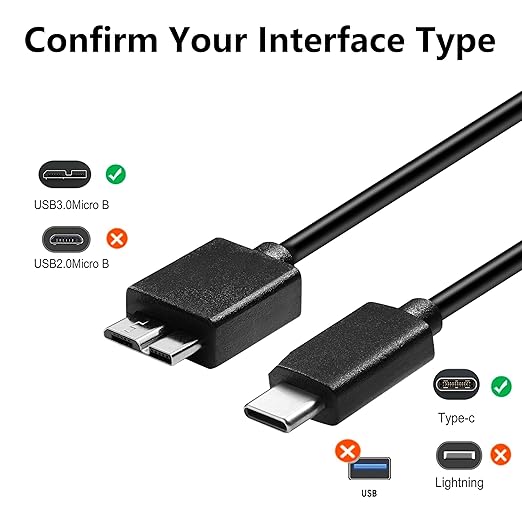 External Hard Drive Cable Micro B to USB C Cord for Western Digital WD My Passport Ultra, Seagate, Toshiba Canvio, UnionSine, LaCie USB 3.0 Micro B Cable for iPhone 16 15, PC, Mac, MacBook,Samsung