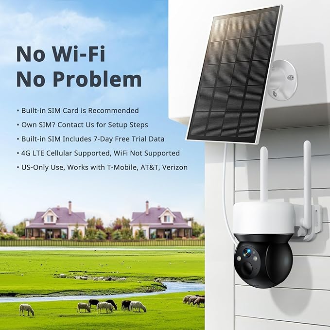YOTON 4G LTE Solar Outdoor Security Camera Wireless, No WiFi Home Security Camera with 2K Color Night Vision, PIR Motion Detection, 2-Way Audio, IP65, Includes 32GB TF & Built-in SIM Card, US Only