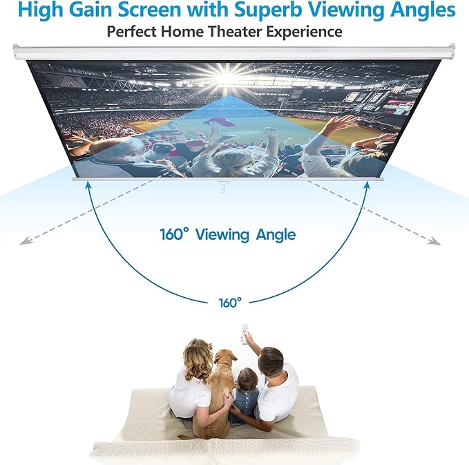 Projector Screen 100 Inch 16:9 HD Portable Manual Pull Down Projector Screen, Wall Ceiling Mounted Retractable Widescreen for Home Theater Cinema Office Movie TV Game, White
