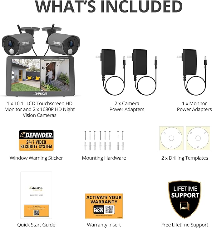 Defender PhoenixHD Wireless Security Camera System with 10.1” Touchscreen Monitor, 2 Outdoor 1080P HD Night Vision Cameras, Plug & Play Home Security System, Two Way Talk, No WiFi Required