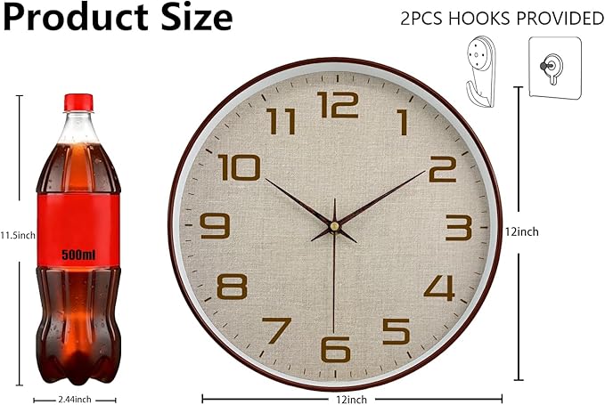 Woodgrain Wall Clocks Battery Operated 12 Inch with Linen Texture Face, Large Number Silent Digital Wall Clock, Non Ticking Analog Clock for Bedroom Living Room Bathroom Kitchen Office,Brown
