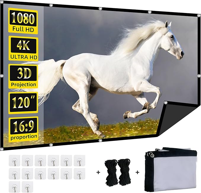 Foldable 120-inch Projector Screen,XINLEMY 4k 16:9 Anti-Crease Portable Washable Projector Backing Black Absorbs Light Movies Screens for Home Theater Backyard Indoor and Outdoor Camping
