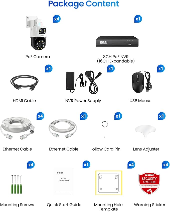 ZOSI 4K Dual-Lens PoE Security Camera System, 4 x 4K 8MP Pan/Tilt (2x4MP) PoE 360 Camera Outdoor, Person/Vehicle Detect, Spotlight Siren, Color Night Vision, 8CH 8MP NVR with 2TB HDD (16CH Expandable)