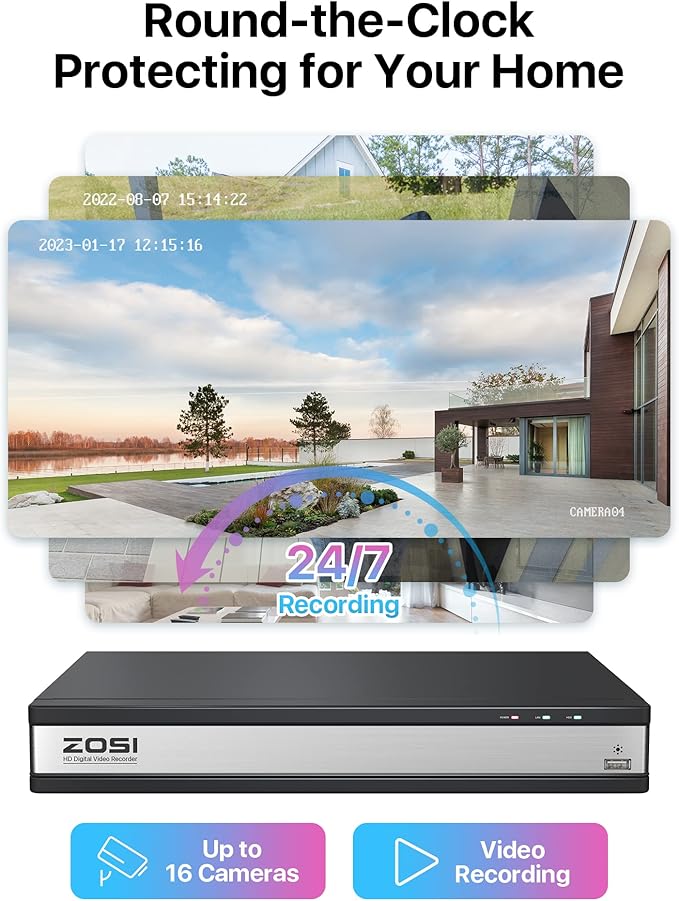 ZOSI H.265+ 16CH Security Camera System with AI Human Vehicle Detection, 16CH DVR with 4TB HDD for 7/24 Record, 16 x 1080p CCTV Camera Outdoor Indoor with 80ft Night Vision, 90°Wide Angle