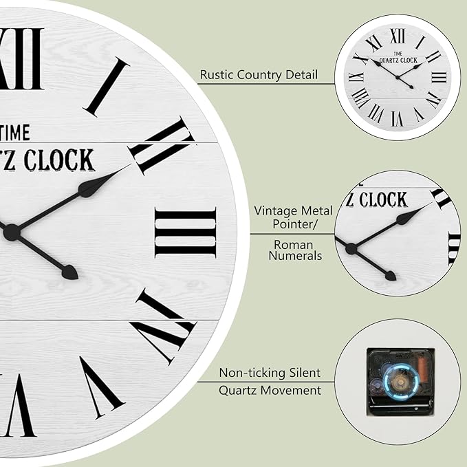 ARTPOWER Large Farmhouse Wall Clock, 24” Shiplap Wall Clock with Roman Numeral, Nearly Non-Ticking, Round Wall Clocks for Living Room Decor, Office, Bedroom, Entrance, White