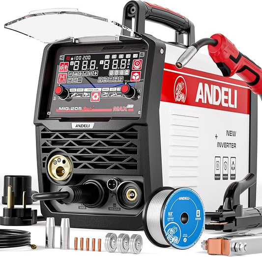 ANDELI 205A MIG Welder, 6-In-1 Multi Process Gas MIG/Spool Gun MIG/Flux Core MIG/Spot welding/Lift TIG/Stick Aluminum MIG Welding Machine With Large LED Displayï¼110/220V Dual Voltage Welder Machine