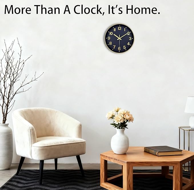 Modern Wall Clock, 10 Inch Digital Wall Clocks Battery Operated, Round Non Ticking Silent Analog Clock for Bedroom Living Room Kitchen Office Gym Classroom Decor, Gold Navy Blue Battery Clock