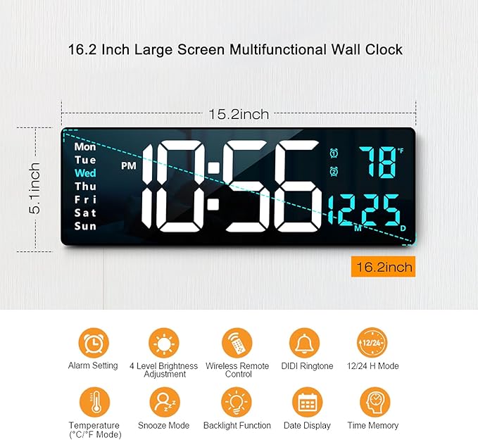 Abovsare 16.2 Inch Large Display Wall Clocks, LED Digital Clock with Remote Control for Living Room Decor, Automatic Brightness Dimmer Clock with Date Week Temperature (Blue)