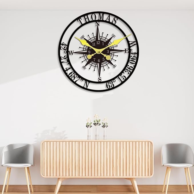 Personalized Metal Wall Clock Custom Compass Clock with Family Name and Coordinates Decorative Steel Wall Art for Living Room Bedroom Kitchen Housewarming Wedding Gift