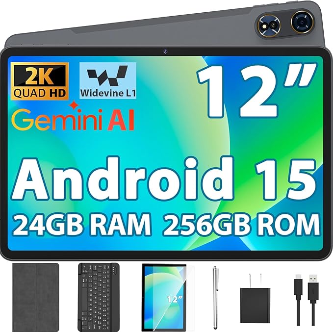 2026 12 Inch Tablet, Android 15 Tablet with Keyboard, 24GB RAM, 256GB ROM, 2TB Expand, 2000x1200 Screen, Octa-Core, 8+16MP Camera, 8000mAh, 5G Wifi, 2K Tablet with Case, Stylus, Mouse (Silver Case)