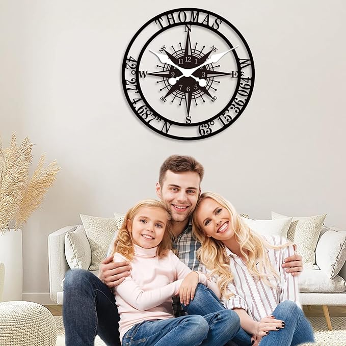 Personalized Metal Wall Clock Custom Compass Clock with Family Name and Coordinates Decorative Steel Wall Art for Living Room Bedroom Kitchen Housewarming Wedding Gift