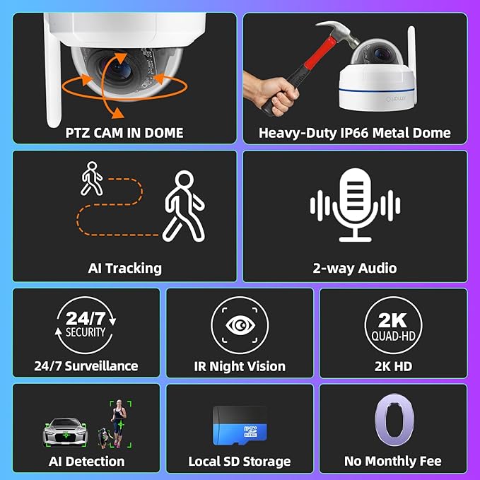 xmartO [AI Tracking Ceiling CAM] 16CH 2K HD Metal Dome PTZ Wireless Security Camera System, 10*Auto-Follow CAM, 2-Way Audio and Night Vision Camera, 16CH 4K Long Range WiFi 6 Surveillance DVR NVR Kit