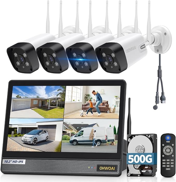 《All-in-One Monitor & Dual Antennas》Wireless Security Camera System Outdoor with All-in-One Monitor, WiFi Cameras for Home Video Surveillance Systems, Surveillance DVR Kits