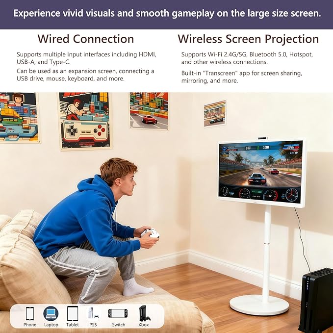 OFD 32 Inch Portable TV on Wheels FHD 1080P,Android15 OS|6GB RAM+128GB Storage|EDLA-Certified,Rolling TV Touchscreen Monitor,Built-in 9600mAh Battery|2K Webcam|Remote Control|Speaker,Fully Rotatable