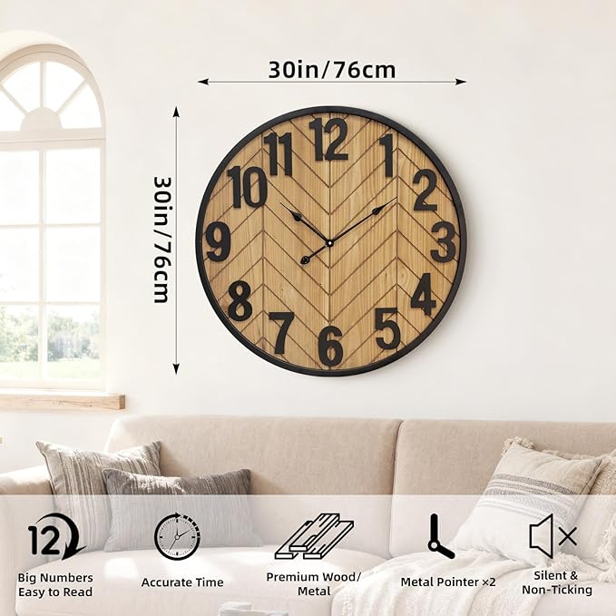 30 Inch Large Wall Clock, Oversized Wooden Farmhouse Wall Clock with Black Metal Frame, Battery Operated Non-Ticking Silent Wall Clocks for Living Room, Kitchen, Bedroom Decor (Brown)