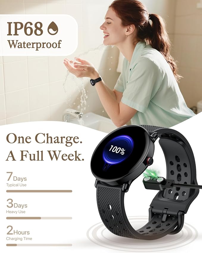 Smart Watch for Women Men, for Android iOS with Sleep & Calorie Monitor, Pedometer Fitness Tracker, Bluetooth Call, IP68 Waterproof, 112+ Sport Modes Round Face Smartwatch (Casual, Black, 1.39)