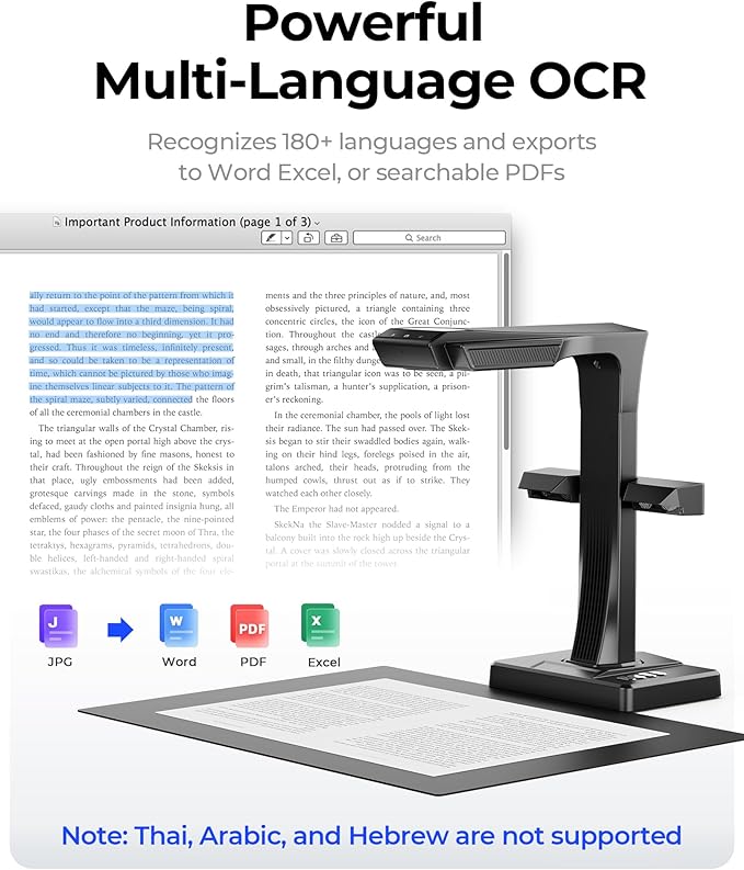 CZUR ET MAX Overhead Book Scanner, 38MP High-Resolution Document Scanner with Curve-Flattening, Auto Page Detection, OCR, HDMI Output, Compatible with Windows/Mac/Linux