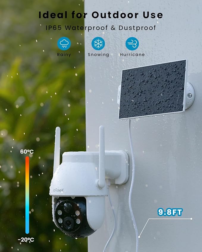 ieGeek Security Cameras Wireless Outdoor, 2K Solar WiFi Camera for Home Security System, Battery Powered Surveillance Cam with Solar Panel, 360° PTZ Color Night Vision, Motion Sensor, Works with Alexa