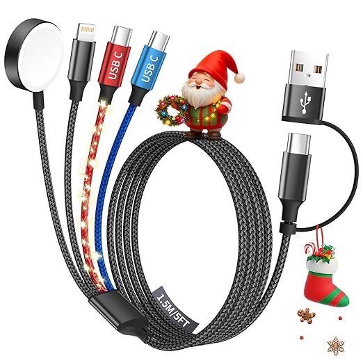 Dual Type-C Port 4 in 2 USB C Cable for Apple iWatch Charger/iPhone 17, Travel Charger Multi Charging Cable Cord for iWatch Ultra/SE/10-1, iPhone16-8, iPad, Android, Car, Cruise Essentials - 1Pc 5FT