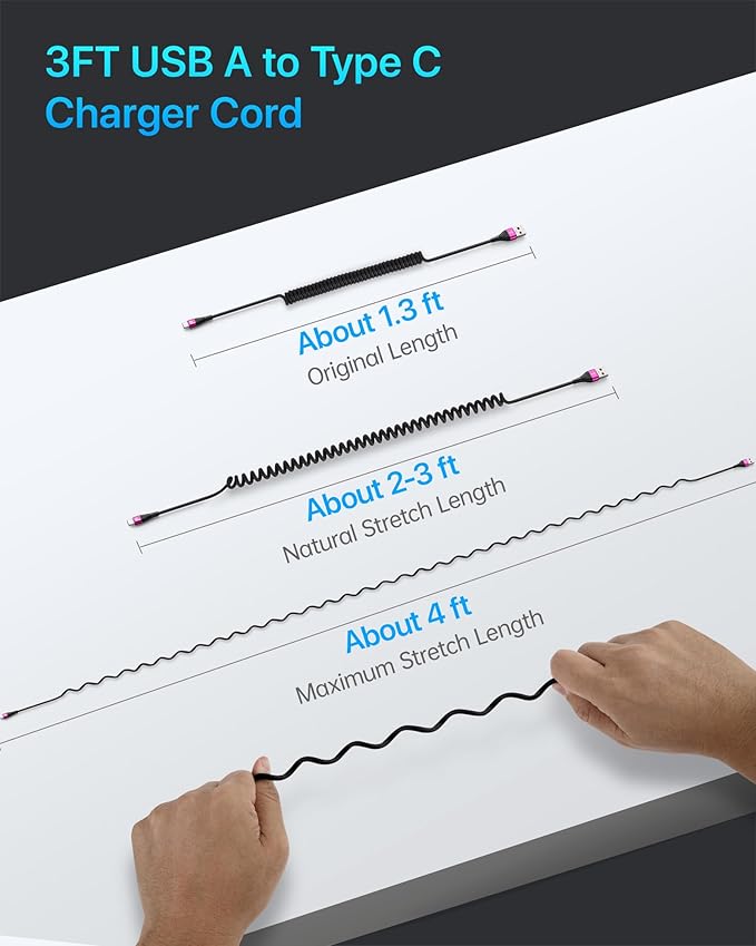 USB A to USB C Cable for Car, 2Pack 3FT Coiled USB C Cable Fast Charging, USB Type C Charging Cord Compatible with iPhone 17/16/15 Pro Max/Samsung Galaxy S20 S10 and More USB C Devices-Rose Red