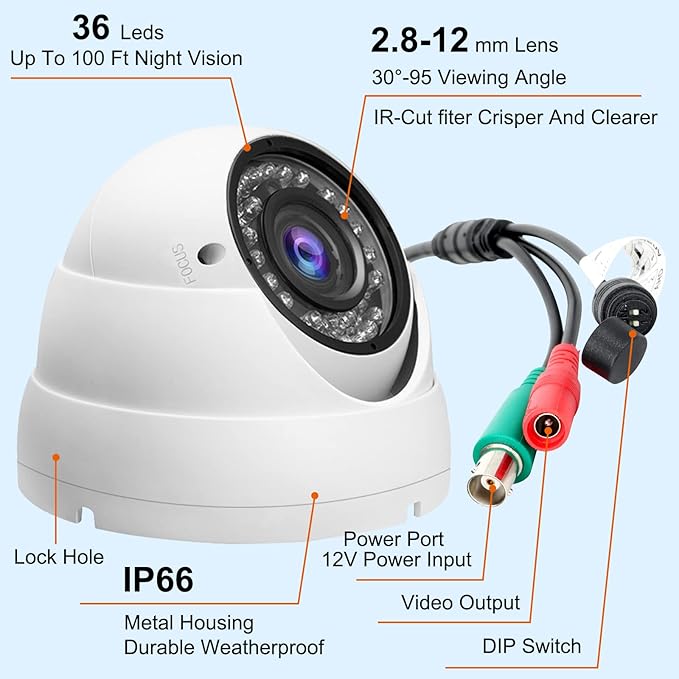 Anpviz Analog CCTV Camera 1080P HD 4-in-1(TVI/AHD/CVI/960H CVBS), 4X Manual Focus/Zoom Analog Camera 2.8-12mm Varifocal Lens, 36 IR-LEDs Dome Turret Security Camera for Indoor and Outdoor