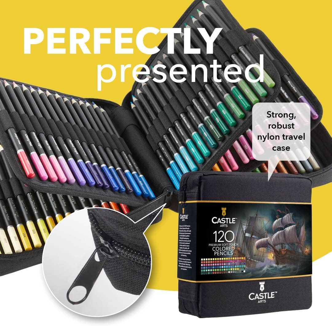 Castle Art Supplies 120 Colored Pencils with Zipper | Quality Soft Coloured Leads for Adult Artists, Professionals and Colorists | In Zipper Pouch