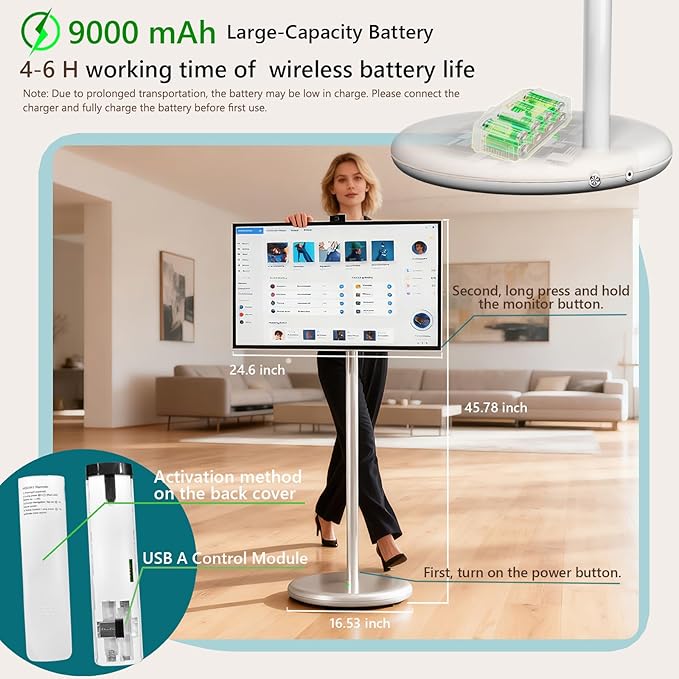 OFD 27 In Portable TV on Wheels 2nd Gen 1080P,Android 15 OS,6GB RAM+128GB ROM,100%sRG Swivel Rotation Smart Touchscreen,Rolling TV with 4K Webcam,USB-A-Remote,9000mAh Battery,EDLA-Certified,Off White