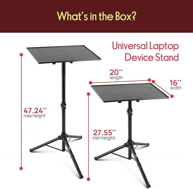 PYLE Laptop & Projector Stand, Tripod Stand With Adjustable Height 28"-50", Portable DJ Equipment Mount, Angle Adjustable Tray, Lightweight Metal Construction, Stage, Studio, Musicians & Performers