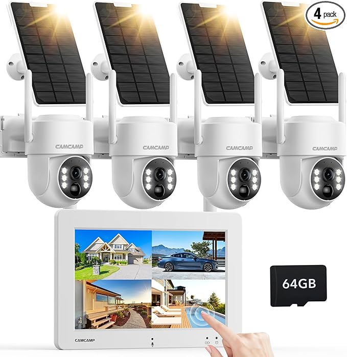 Camcamp Solar Security Cameras Wireless Outdoor, Home Security Camera System with 7" Touchscreen Monitor, Solar-Powered 4MP 4 Cam-Kit, Color Night Vision, 360° View, Pan & Tilt, 2 Way Audio