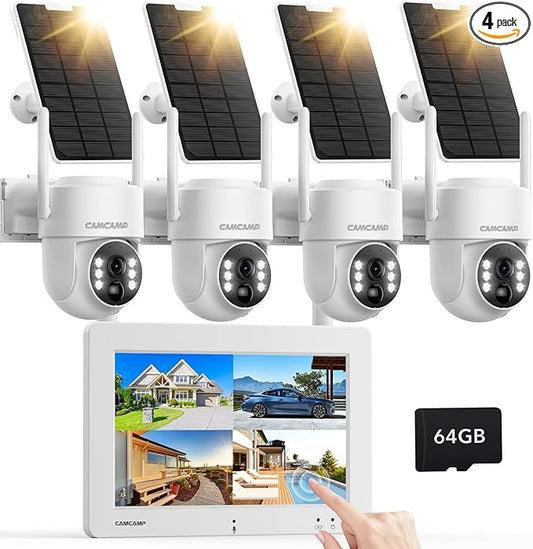 Camcamp Solar Security Cameras Wireless Outdoor, Home Security Camera System with 7" Touchscreen Monitor, Solar-Powered 4MP 4 Cam-Kit, Color Night Vision, 360° View, Pan & Tilt, 2 Way Audio