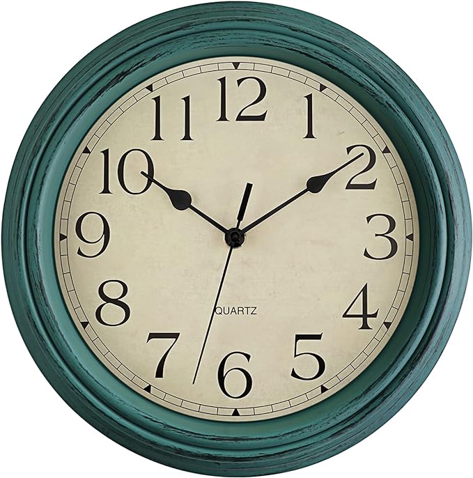 Foxtop Retro Silent Non-Ticking Round Classic Clock 12 Inch Quartz Decorative Battery Operated Wall Clock for Living Room Kitchen Home Office (Turquoise)