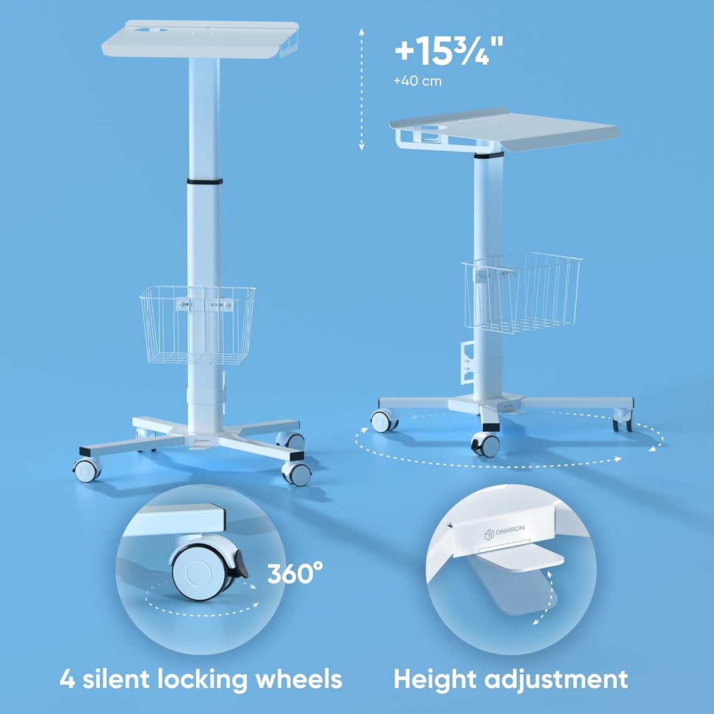 ONKRON Mobile Laptop Cart on Wheels with Load up to 17.6 lbs, Height Adjustable Side Table with Wheels & Storage, Portable Workstation for Laptop/Small Rolling Desk for Couch White