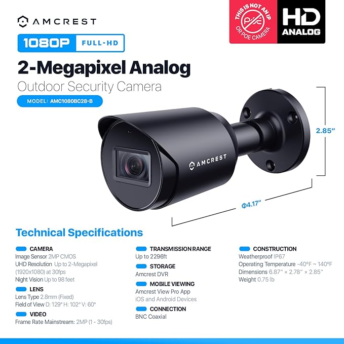 Amcrest Full HD 1080P Bullet Outdoor Security Camera (Quadbrid 4-in1 HD-CVI/TVI/AHD/Analog), 2-Megapixel, 98ft Night Vision, Metal Housing, 3.6mm Lens 90° Viewing Angle, Black (AMC1080BC36-B)
