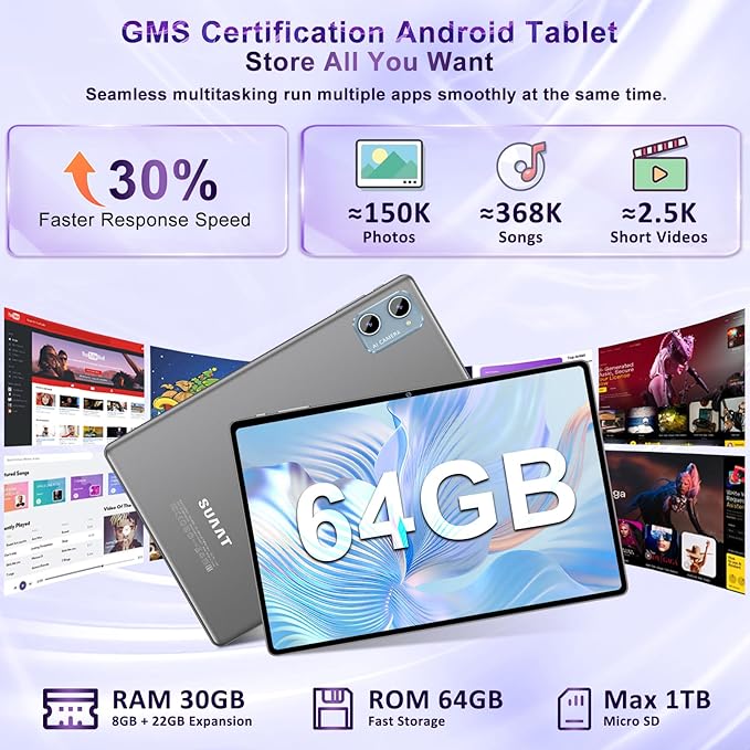 10 Inch Tablet Android 15 Tablets with Keyboard, 30GB 64GB 1TB Expand Tab PC with 2.0GHz Octa-Core, 8MP Camera, 6000mAh, GMS, WiFi 6, BT 5.0, FHD Display, Widevine L1, Gemini AI (Gray)