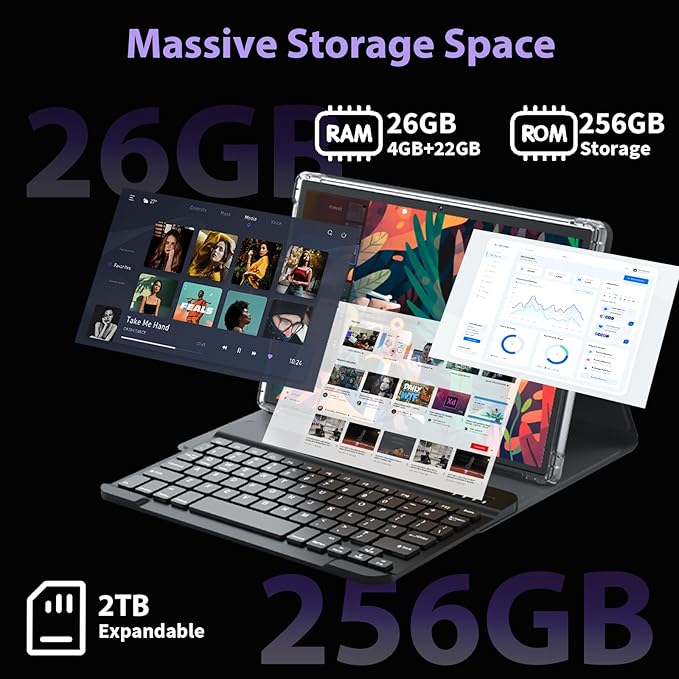 Android 15 Tablet with Keyboard - 26GB+256GB+2TB Expand, Octa-Core, 2.4G/5G Wifi, 8000mAh Battery, Widevine L1, Dual Camera, Face Unlock, 10 Inch 2 in 1 Tablets with Mouse, Stylus (Green Case)