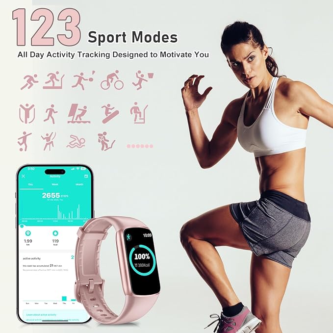 Fitness Tracker with 24/7 Heart Rate, Blood Pressure Blood Oxygen Sleep Monitor, 123 Sports Modes Calories Smart Watch,IP68 Waterproof Step Counter Activity Trackers Pedometer for Women Men