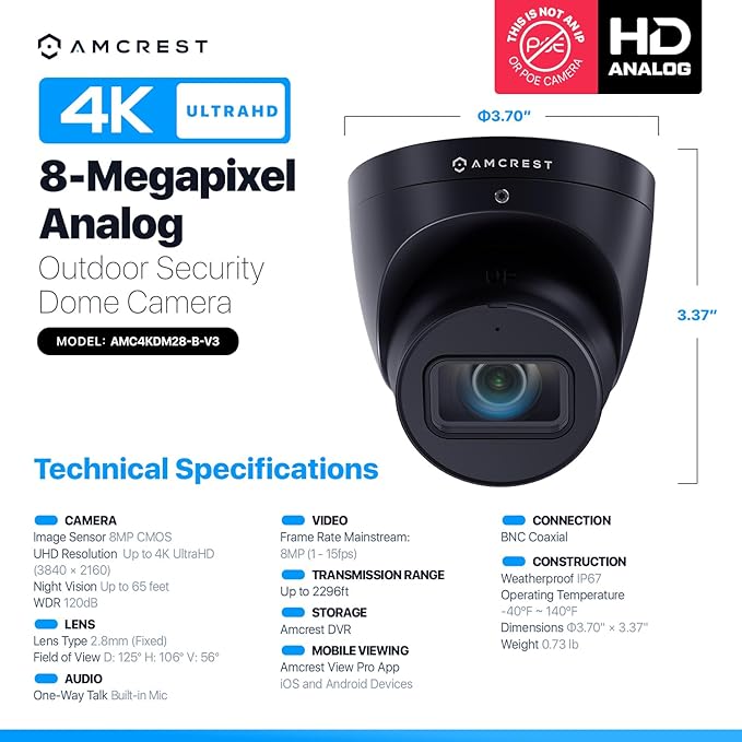 Amcrest Analog 4K Outdoor Security Camera, Turret 8MP @15fps CCTV-Coax-BNC, 98ft Night Vision, 125° Angle, Built-in Mic, Black (AMC4KDM28-B-V3), (Not an IP Camera) DVR Required, Not Included