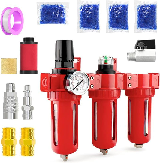 3/8" NPT 3 Stage Aluminium Air Drying System,Coalescing Filter, Particulate Filter, Desiccant Dryer and Air Regulator, Manual Drain, Mid Flow, For Plasma Cutter and Paint Spray