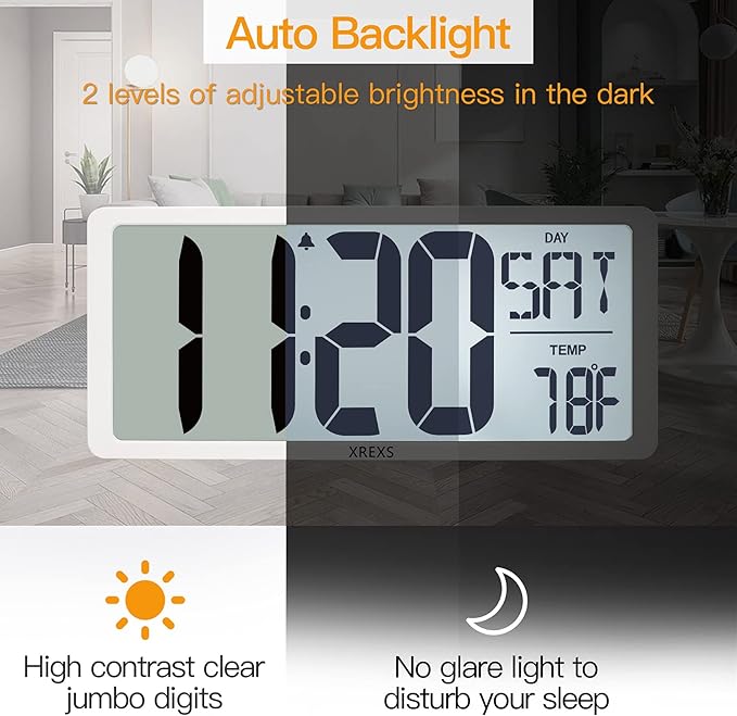 XREXS Large Digital Wall Clock with Backlight, 16.9 Inch Jumbo LCD Screen with Time/Calendar/Temperature Display, Alarm Clocks for Bedroom Home Decor, Count Up & Down Timer (Batteries Included)