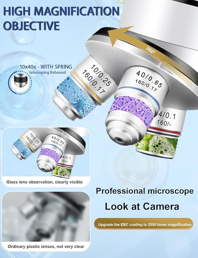 Microscope for Adults WF10x and WF25x eyepieces, 40X-2000X Magnification USB Camera, Microscope for Adults Suitable for Laboratory School Home Education.